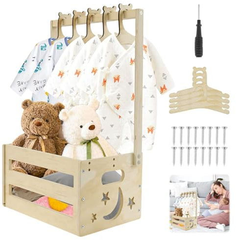 Holz Baby Geschenk Korb mit Griff, Holz Babyparty Schrank, Babykorb Geschenk mit 5 Kleiderbügel, Ba-by Shower Wäschekorb für Geburtstage Babypartys Weihnachten Neue Eltern (Stil 1)