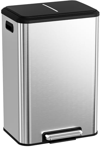 Clevich Kitchen Bin 40L(10.6 Gal), Trash Can with Inner Bucket, Pedal Bin with Lid, Soft Close and Stays Open, Rubbish Bin for Waste, Wide Pedal (Silver)