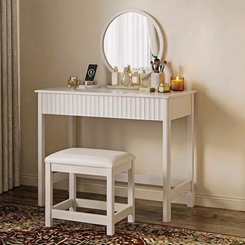ChooChoo 40 Inch Modern Desk with Drawers, Makeup Vanity Desk with Padded Stool, Small Home Office Desk for Bedroom, White