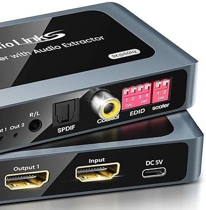 8K HDMI 1x2 Splitter with Audio Extractor, 1 Input to 2 TVs/Monitors, HDMI, Optical, Coaxial & 3.5mm, 4K@120Hz, HDR10+, VRR, ALLM, Dolby Atmos 7.1, HDCP 2.3 Pass-Through