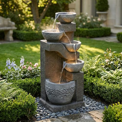 Merax Gartenbrunnen, mit LED und Wasserpumpe, Zimmerbrunnen Wasserspiel mit Kunststein Optik und Zierbecken, Springbrunnen für Garten Terrasse Balkon, moderner Outdoor Brunnen, Grau