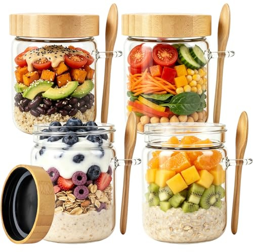 mobumeia 4 Bocal Overnight Oats 500ml, Pot Yaourt en Verre avec Couvercle | Overnight Oats Jar Verre avec Couvercle Hermétique et Cuillère, Meal Prep Containers Verre Pour Café Fruits Chia Pudding