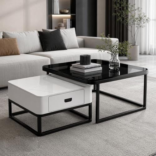 Couchtisch mit Metallfuß, Moderner Quadrat Beistelltisch, Mid-Century Modern Tisch, Kleiner Tisch mit Schublade, Für Zuhause, Wohnzimmer, Büro