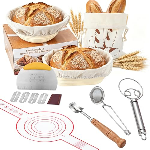Brotgärkorb Set 10 teilig Silikon – rund 23cm & oval 25cm Gärkorb für Sauerteig, Brotbackset mit Teigschaber, Bäckermesser, Gärtuch, Backmatte, Geschenk für Hobbybäcker