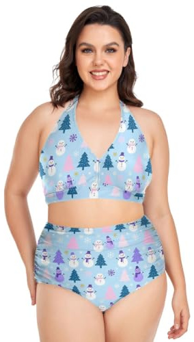 Plus storlek sexig bikini justerbar vinter snöflingor snögubbar jul halterneck bikini magkontroll baddräkt för, Vinter snöflingor snögubbar jul, XL