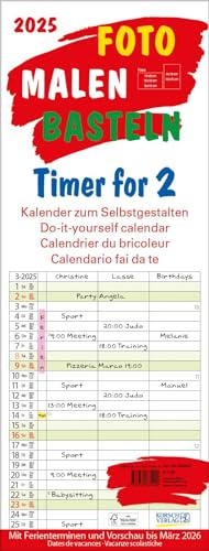 Foto-Malen-Basteln Timer for 2 2025: Familienplaner mit 3 Spalten als Bastelkalender zum Selbstgestalten. Familienkalender mit festem Bastelpapier. 19 x 50 cm