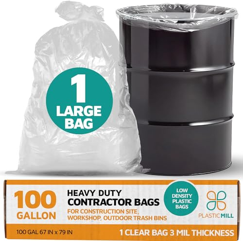 PlasticMill Contractor Bags Heavy Duty - Commercial, Industrial Garbage Bags - Clear Construction Trash Bags - Outdoor, Garden Trash Bags, 100-Gallon, 3 Mil, 67x79 (1-Count)