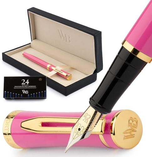 Wordsworth & Black Füllfederhalter Set, Mittlere Feder, Inklusive 24 Tintenpatronen und Tinten-Nachfüll-Konverter, Geschenketui, Journaling, Kalligraphie, Glattes Schreiben Stifte [Hot Pink]