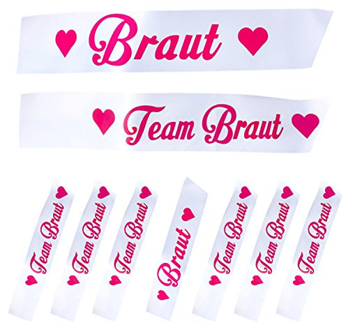 Oblique Unique® Braut + Team Braut Schärpe Set Junggesellinnenabschied JGA in Weiß mit Herzen