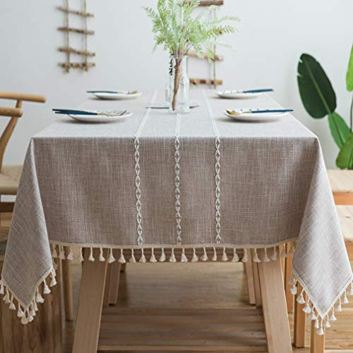 Pahajim Tischdecke Rechteckig Baumwolle Leinen Tischdecke Abwaschbar Elegante Gestreift Tischtuch mit Quasten Küchentischabdeckung für Speisetisch,Outdoor(Beige, 140 x 300 cm)