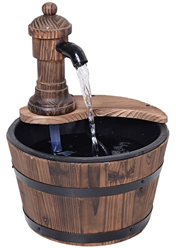 Outsunny Barrel Patio Water Fountain Wood Garden Decorative Ornament Water Feature w/Electric Pump