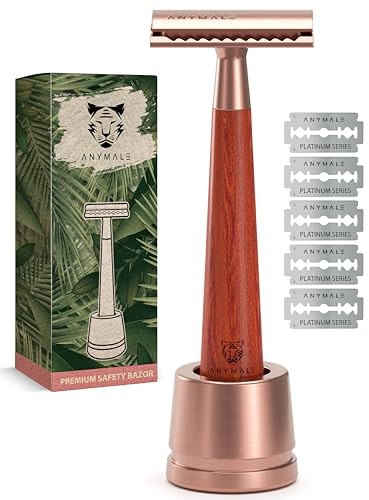 ANYMALE® Rakhyvel för kvinnor sandelträhandtag inklusive rakstativ (roséguld) – rakhyvel och rakapparat metall med 5 blad – kvinnors rakapparat & rakhyvel Safety Razor