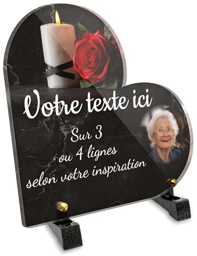 Plaque funéraire Coeur avec photo personnalisable en plexi motif Bougie et rose rouge, différentes tailles, épaisseur 6mm, personnalisée sur plusieurs lignes 15x15 cm