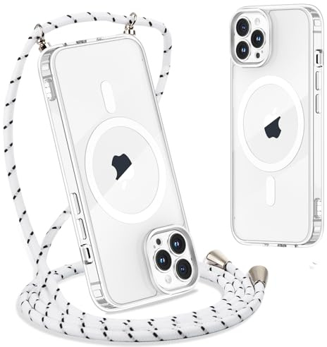 Yoedge Handykette für iPhone 12 Pro Max Hülle mit Band 6,7, Transparente Magnetisch Handyhülle [Kompatibel mit Magsafe], Schlank Dünn Silikon TPU Stoßfest Schutzhülle mit Kordel zum Umhängen, Weiß
