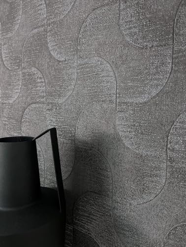 Newroom Vliestapete Anthrazit Muster Retro Mustertapete Loft | geschwungenes Wellenmuster mit silbrigem Schimmer, changierend, Relief, Wandtapete industrial elegant, Wohnzimmer
