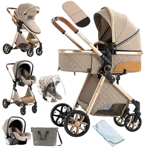 NADDLILY Passeggino Trio, Passeggino 3 in 1 con Spinta Reversibile a Due Vie, Trio Passeggino Neonati con Accessori, Carrozzina per Neonati con Design Portatile Pieghevole Un Clic (V9 Khaki)
