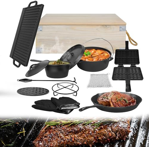Suusolny 12-teiliges Dutch Oven Set Campingkocher Grill Zubehör in Holzkiste Enthält Dutch Oven, Grillplatte, Stieltopf, Pfanne, Deckelheber, Untersetzer und Handschuhe Für Outdoor und Indoor