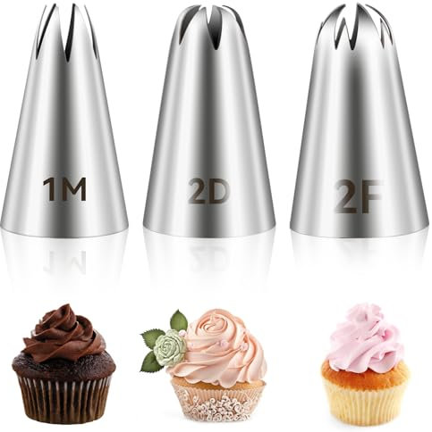 Giantree Juego de boquillas para repostería de acero inoxidable, 3 unidades, 1 m, 2D, 2 F, boquillas decorativas, accesorios para hornear, dispensadores de crema para manga pastelera, crema, tartas