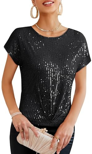 GRACE KARIN Donna Top con Paillettes Manica Corta Collo Tondo Apertura sulla Schiena per Feste
