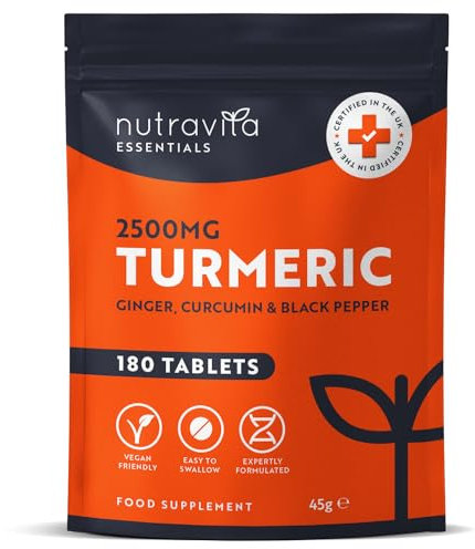 Turmeric Tablets 2500mg with Black Pepper, Ginger & Curcumin - 180 High Strength Tumeric Supplements (3 Month Supply) - Vegan - Alternative to Capsules - Letterbox Friendly - Made in UK - Nutravita