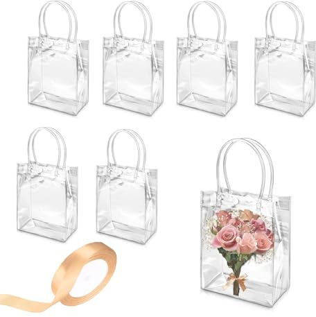 DHWEKU 6 Stück Klare Geschenktüten Mit Griffen,25x20x7cm Geschenktüten Transparent,Süßigkeitentüten, Wiederverwendbare Geschenktüten Durchsichtig für Hochzeit,Shopping,Party,Babyparty Gastgeschenk