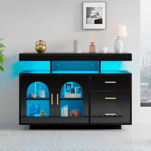 PUGSDRLY Commode avec 3 Tiroirs et 2 Portes,Meuble Rangement Salon,Buffet Salon avec lumière LED,Moderne Commode Noir pour de Multiples Scénarios 120x40x80cm