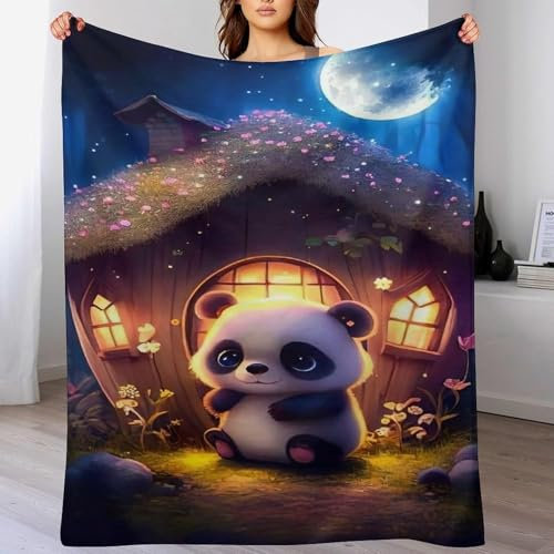 Holzhaus Flauschig Kuscheldecke 200x220cm Panda Wohndecke Warm Weiche Sofadecke Waschbar Kinder Erwachsene für Wohnzimmer, Schlafzimmer, Camping, Picknick