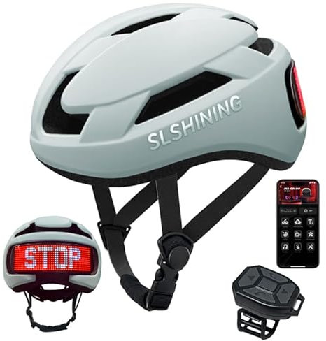 MOYACA Bike Helmet, Smart App Program Bike helmet with USB Rechargeable Light, Back Light Mountain for Adult&Men Women, With Turn Signals Remote Control(Grey, Large)