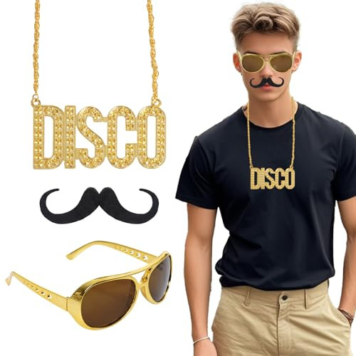 jerbro 3er Fette Gangster Kette Gold Brille Bart 70er 80er 90er Disco Hustler Rapper Hiphop Kostüm Bad Taste für Cosplay Halloween Fasching Karneval Thema Party