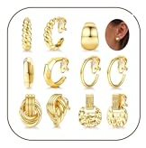 Diamday 6Paires Boucles d'oreilles à clip plaqué or 18K pour femmes Chunky Hoop Clip Statement Twist Round Geometry Clip Earrings Lightweight Adjustable No Piercing Fake Earrings