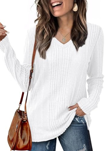 GLEENOD Pull Femme Col V Manches Longues Maille Fine Tunique Haut Tricot Léger Chic Élégant Basique Automne Hiver Bureau, S à 2XL