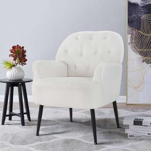 IWMH Sessel Schlafzimmer Wohnzimmer, Kunstfell Loungesessel Bequemer mit Armlehnen und Einer Seitentasche, stühle Gemütlich, polstersessel Lesesessel mit Metallbeinen (Weiß)