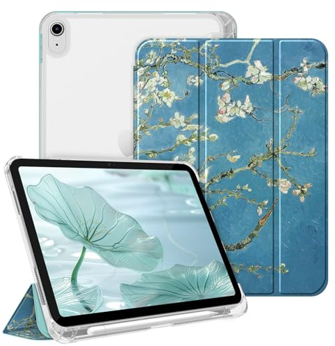 Fintie Hülle für iPad (A16) 11./10. Generation (2025/2022) mit Stifthalter – ultradünne, leichte Schutzhülle mit Hart-PC, Transparente Rückseite, Mandelblüten