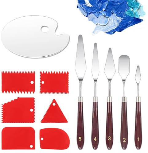 WEDAMOO 12 Pcs Oil Painting Spatula Set for Beginner Painting Accessories | Include Steel Palette Spatula, Plastic Scraper, Acrylic Paint Palette, Easy to Clean, Tools for Painting and Color Mixing