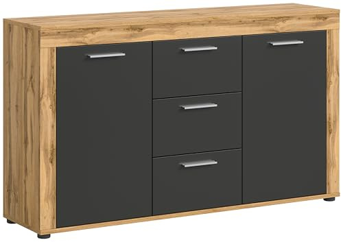 xonox.Home - Sideboard Jam 125x80x35 cm in Wotan Eiche und grau - Schrank Highboard Anrichte Sideboard Beischrank - Pflegeleichte Oberfläche