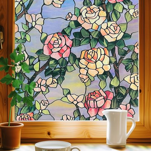 Dekorfolie Fensterfolie 3D Buntglas Fensterfolie, Fenster Sichtschutz Folie fensterfolie bunt für Haustür, Haus, Sonnenschutz, Hitzekontrolle, statisches Kleben,Das Biest Rose 44x120CM