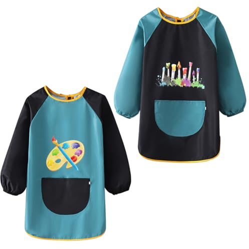 DODUOS 2 Pezzi Grembiule da Pittura per Bambini 6-12 Anni, Impermeabile con Tasche e Maniche Lunghe