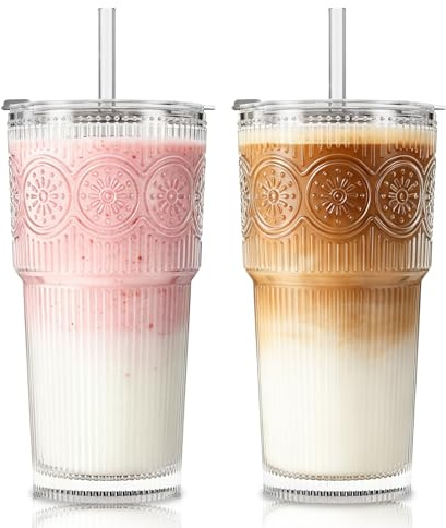 SoulTimes 20oz Ribbed & Floral Glass Tumbler Set of 2 – Reusable Glass Cups with Lid and Glass Straw, Iced Coffee Cups for Water, Smoothie, Milk, Cocktail & More – Perfect for Daily Use & Travel