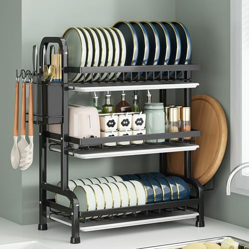 devesanter 3 Tier Dish Drainer Rack 52CM Black Dish Drying Rack with Removable Drip Tray Utensil Knife Cutting Board Holder Rust Proof Large Metal Kitchen Plate Draining Sink（Black）