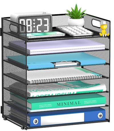 SUPEASY 7 Trays Paper Organiser Letter Tray with Handle-Mesh Desk File Organiser, A4 Paper Sorter for Office, Home or School(black)