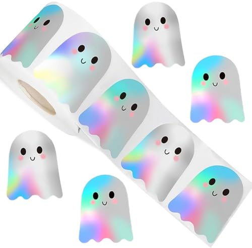 500 Stück Halloween Sticker Rolle, Holografische Geister Aufkleber Wasserfest, Selbstklebend Aufkleber Kinder, Glitzernde Geister-Aufkleberrolle für Umschläge, Fenster, Party Deko und Geschenke