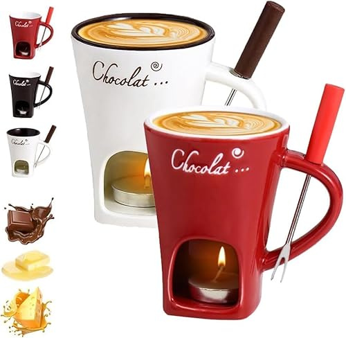 Schokoladenfondue Tasse mit Gabeln, Schokoladenschmelz becher, Keramik-Butterwärmer-Topf-Set, Käseschmelzbecher, Fondue mit Teelicht erhitzt, Wärmebecher für Süßigkeiten-Snack-Karamell-Party (2pcs)