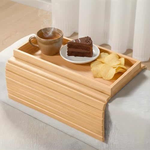 Bamboo Couch Arm Tray Table, Large Sofa Armrest Tray with Raised Edges, Anti-Slip Foldable Couch Cup Holder, Armrest Organizer for Drinks, Snacks, Remote, Space Saving Side Table (Natural Bamboo)