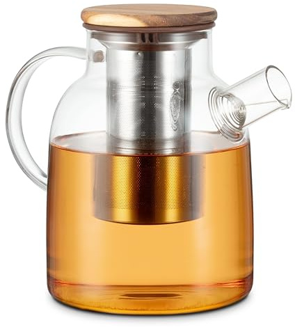 Tetera de cristal con tapa de madera y filtro de acero inoxidable de 1,5 l – Tetera grande de cristal de borosilicato resistente al calor para té suelto, 6 – 10 tazas, jarra de té de cristal grande