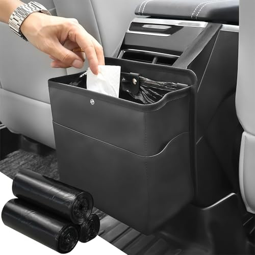 Vesavifaka Auto Mülleimer mit Tasche, Kleiner Fahrzeug Mülleimer, Mülleimer Auto mit 60 Müllbeuteln, Hängender Auslaufsicherer Auto Aufbewahrungsbehälter für Vordersitz Rücksitz Mittelkonsole