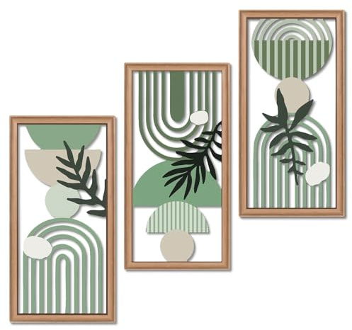 Putuo Decor Set 3 Cuadros Pared Verde Salvia Abstractos botánicos, Arcos geométricos Hojas, Marco Efecto Madera, Estilo nórdico Minimalista, salón Dormitorio recibidor Oficina