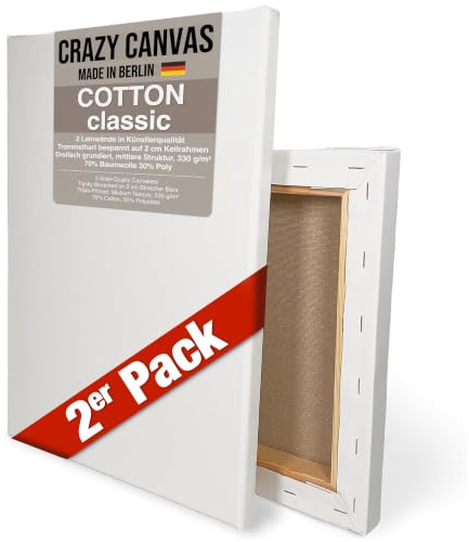 CRAZY CANVAS Leinwand zum Bemalen Cotton Classic 70x100 cm, 2er Pack | Dreifach grundierte Leinwand auf Keilrahmen - mittlere Struktur, 330 g/m² - Premium Kunstbedarf Made in Berlin