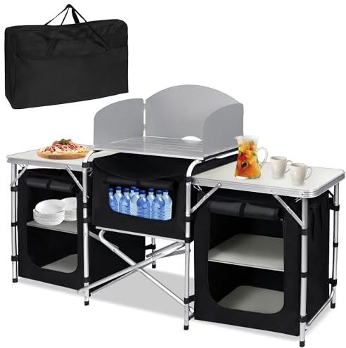 TATIVALO Campingschrank Faltbar Aluminium Outdoor Küche Chrank | Mobile Campingküche mit stabilem Rahmen, praktischer Arbeitsfläche und Stauraum für Outdoor, Reisen, Picknick & Freizeit