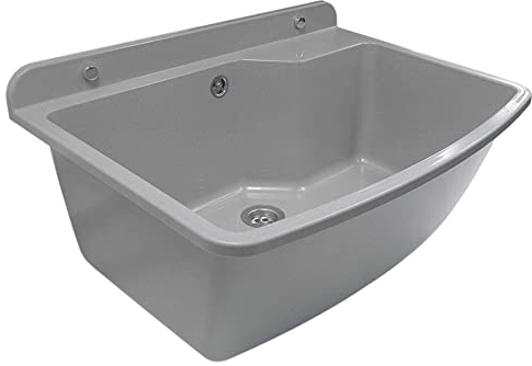 GOSPO Ausgussbecken, 61 cm x 44 cm x 23,5 cm, Waschbecken aus Kunststoff, Waschtrog mit Überlauf, Siphon, Spülbecken inkl. Zubehör, Waschraum, Gartenwaschbecken (Grau)