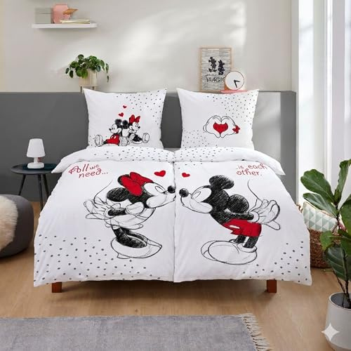 Familando – Mickey & Minnie Partner Bettwäsche-Set (4-teilig) – 2X Decken- & 2X Kissenbezug 135x200 cm & 80x80 cm mit Reißverschluss – 100% Baumwolle Renforcé – Wendemotiv – Öko-TEX Zertifiziert